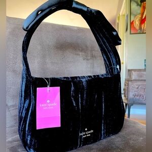 Kate Spade Black Crushed Velvet Baguette Shoulder Bag Bow Handle NWT